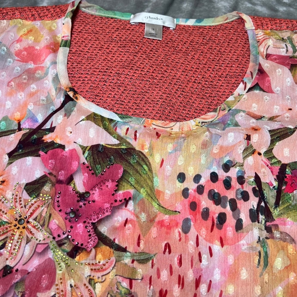 CJ Banks Womens Size 1X Floral Top Mixed Media Rhinestone Coral Knit Back Breezy - Picture 6 of 11